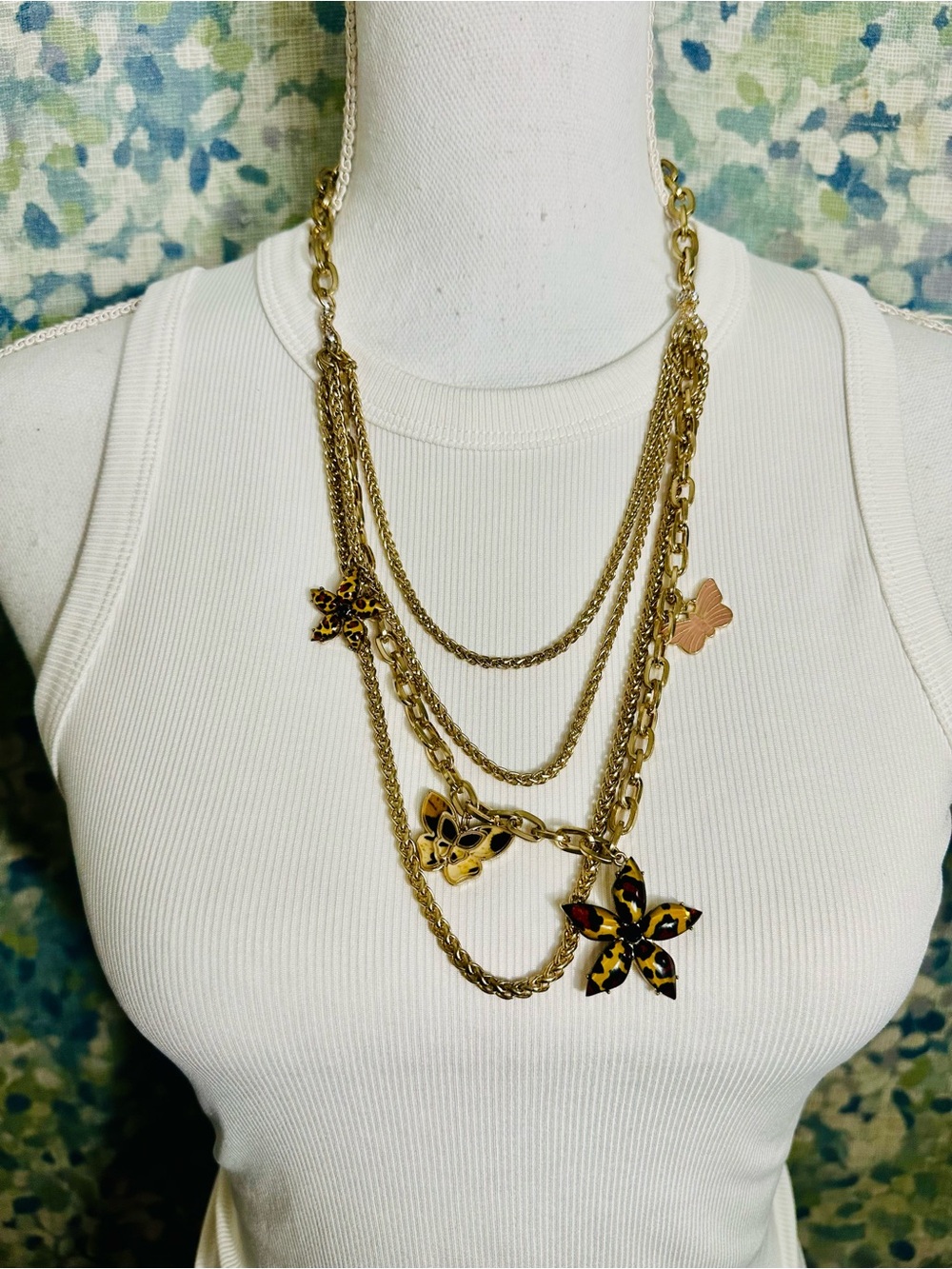 NWT Gold Tone Multi Strand Butterfly Floral Charm Statement Necklace 22-25”